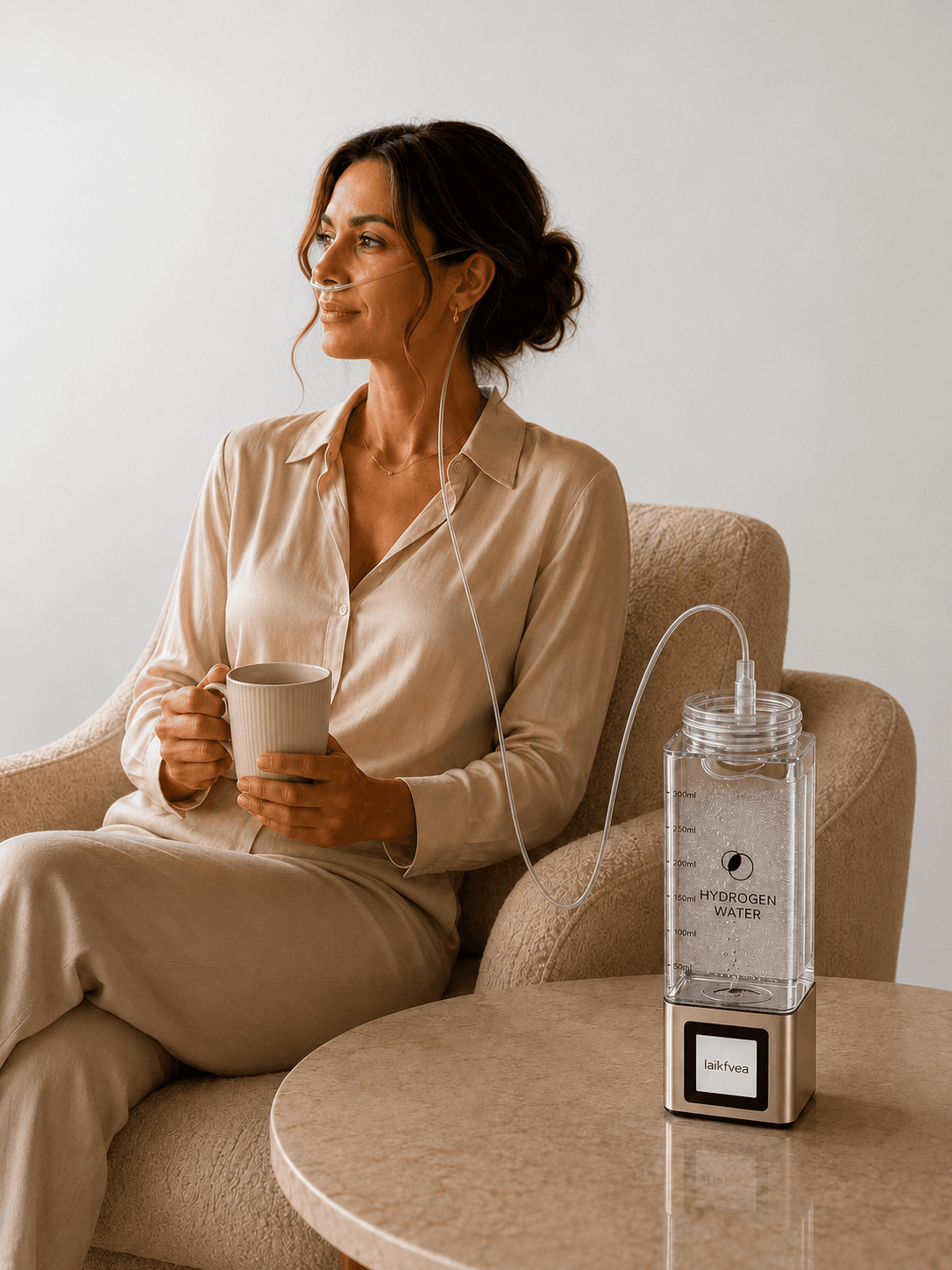 Woman using the Laikfvea PRO hydrogen inhalation accessory